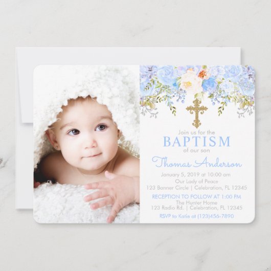 Blue Roos Garden Baptism Photo Invitation Kaart (Voorkant)