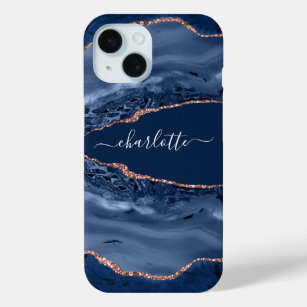 Blue roos gold agate marmer name script iPhone 15 case