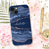 Blue roos gold agate marmer name script iPhone 16 hoesje