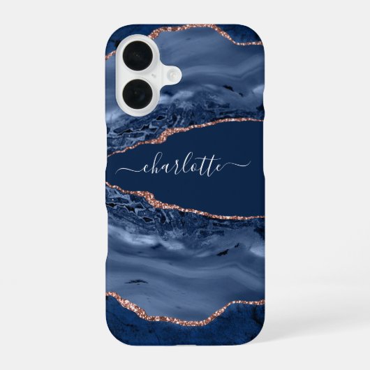 Blue roos gold agate marmer name script iPhone 16 hoesje (Achterkant)
