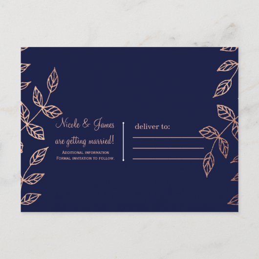 Blue & Roos Gold Glam Botanical Save the Date Aankondigingskaart (Achterkant)