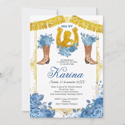 Blue Roos Mexican Charra 15 Quinceanera Invitation Kaart (Voorkant)