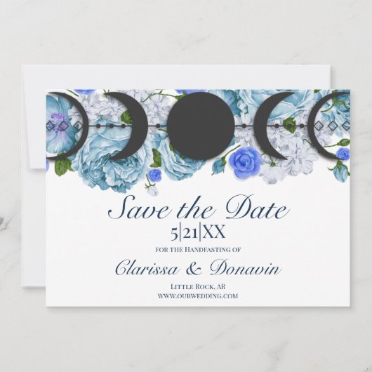 Blue Roos Moon Phase Wiccan Handfasting Save The Date (Voorkant)