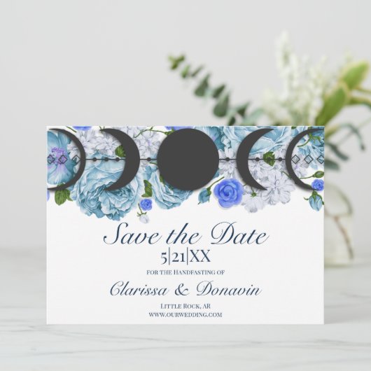 Blue Roos Moon Phase Wiccan Handfasting Save The Date (Staand voorkant)