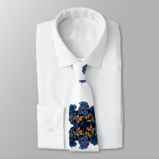 Blue Roos Navy White Personalized Groom Wedding Stropdas (Gebonden)