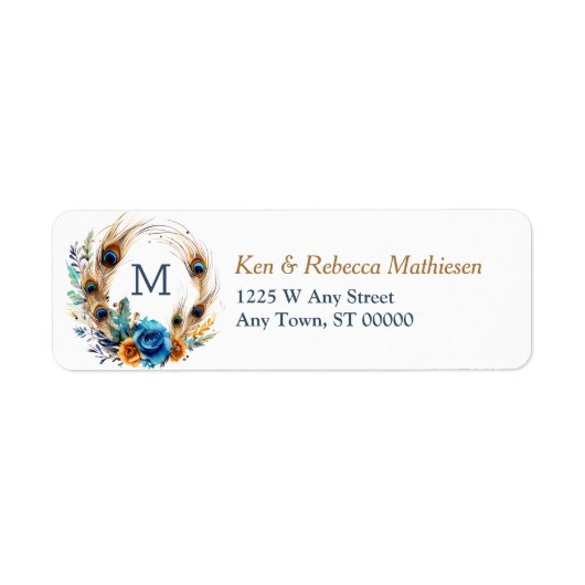 Blue Roos Peacock Wreath Monogram Retouradres Etiket (Voorkant)