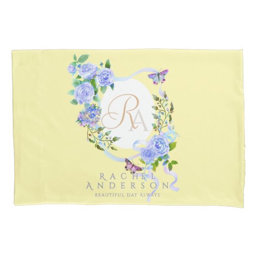 Blue Roos Ribbon Monogram Cream Kussensloop (Voorkant)