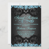 Blue Roos Sweet16 Damask Verjaardag Uitnodigen Kaart (Achterkant)