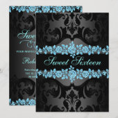Blue Roos Sweet16 Damask Verjaardag Uitnodigen Kaart (Voorkant / Achterkant)
