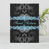 Blue Roos Sweet16 Damask Verjaardag Uitnodigen Kaart (Staand voorkant)