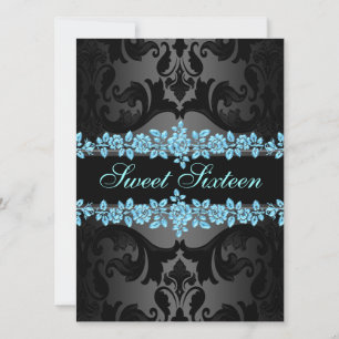 Blue Roos Sweet16 Damask Verjaardag Uitnodigen Kaart