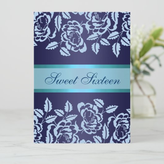Blue Roos Sweet16 Verjaardag Uitnodigen Kaart (Staand voorkant)