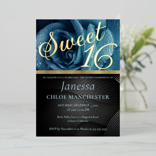 Blue Roos Sweet 16 Uitnodiging tot Folie (Staand Voorkant)