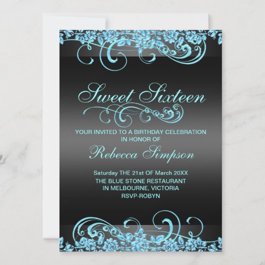 Blue Roos & Swirl Sweet16 Ontwerp Verjaardag Uitno Kaart (Achterkant)