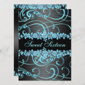 Blue Roos & Swirl Sweet16 Ontwerp Verjaardag Uitno Kaart (Voorkant / Achterkant)