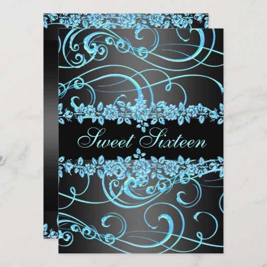 Blue Roos & Swirl Sweet16 Ontwerp Verjaardag Uitno Kaart (Voorkant / Achterkant)