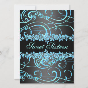 Blue Roos & Swirl Sweet16 Ontwerp Verjaardag Uitno Kaart