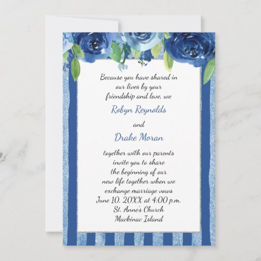 Blue Roos Wedding Invitation Kaart (Voorkant)