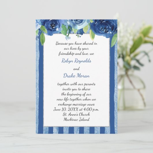 Blue Roos Wedding Invitation Kaart (Staand voorkant)