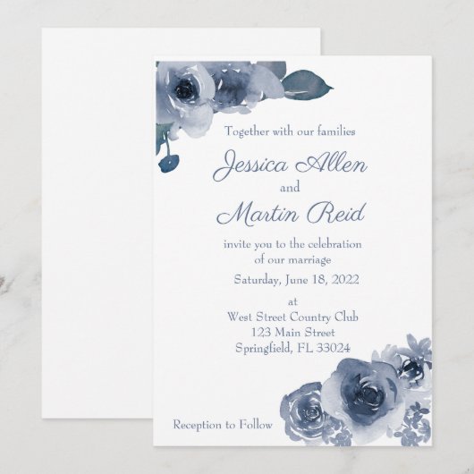 Blue Roos Wedding Invitation Kaart (Voorkant / Achterkant)
