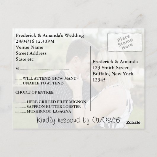 Blue Roos Wedding nodigt RSVP uit met foto en menu (Achterkant)