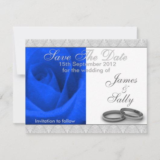 Blue Roos & Wedding Rings Save the Date Card (Voorkant)