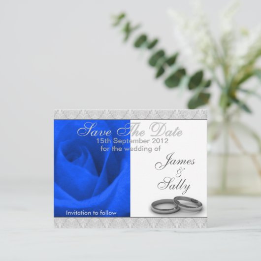 Blue Roos & Wedding Rings Save the Date Card (Staand voorkant)