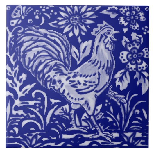 Blue Rooster Chicken Floral Farmhouse Rustige Art Tegeltje (Voorkant)