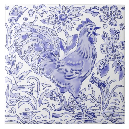 Blue Rooster Chicken Insect Farmhouse Rustic Art  Tegeltje (Voorkant)