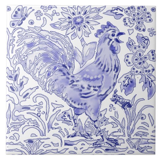 Blue Rooster Chicken Insect Farmhouse Rustic Art Tegeltje (Voorkant)