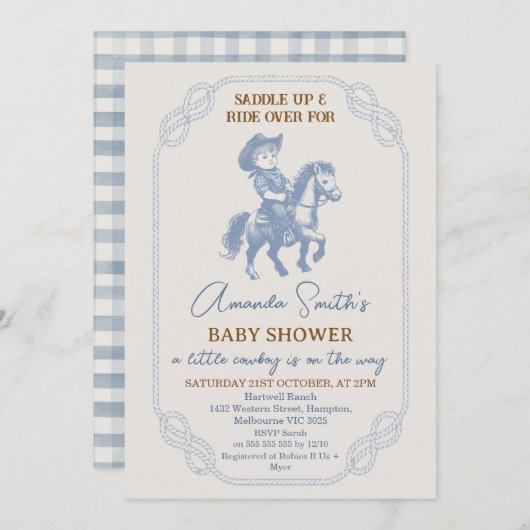  Blue Rope Lijst Cowboy Baby shower Kaart (Voorkant / Achterkant)