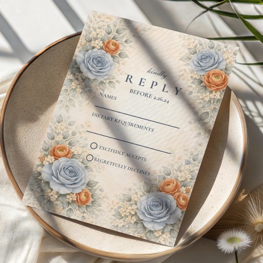 Blue Rose Botanical Wedding RSVP Kaartje