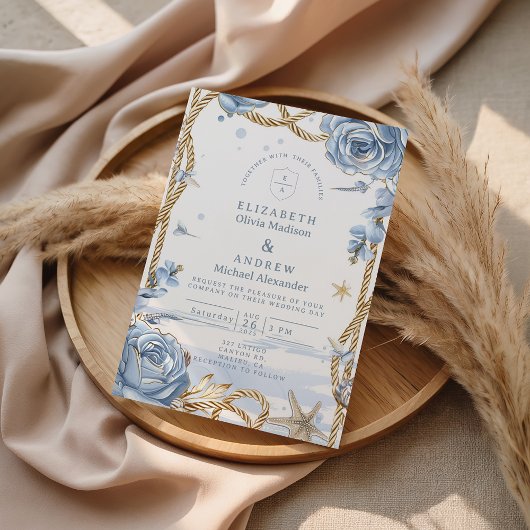 Blue Rose Coastal Rope Wedding Kaart