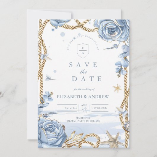 Blue Rose Coastal Rope Wedding Save The Date (Voorkant)