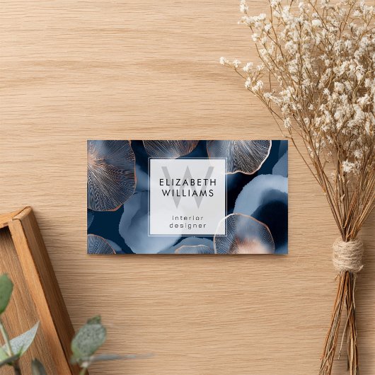 Blue Rose Gold Monogram Modern Business Card Visitekaartje