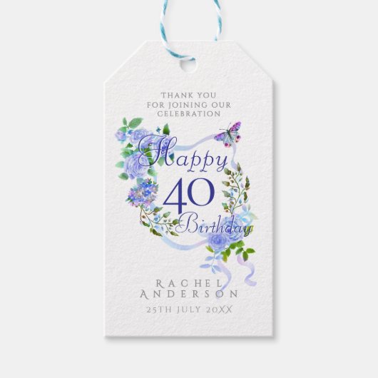 Blue Rose Ribbon 40th Birthday Cadeaulabel (Voorkant)
