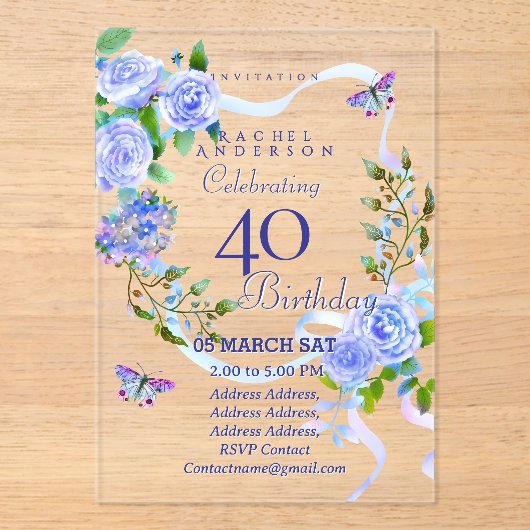 Blue Rose Ribbon 40th  Birthday Invitation Acryl Uitnodigingen (Voorkant)