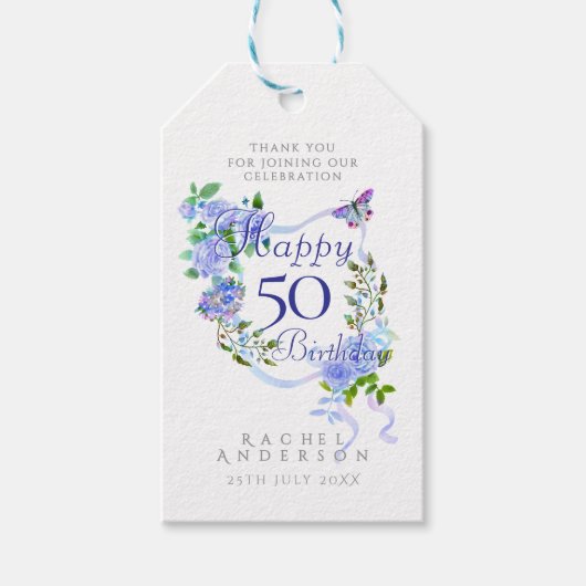 Blue Rose Ribbon 50th Birthday Cadeaulabel (Voorkant)