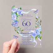 Blue Rose Ribbon 60th  Birthday Invitation Acryl Uitnodigingen (Insitu (Draagbaar))