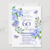 Blue Rose Ribbon 60th Birthday Invitation Kaart (Voorkant)