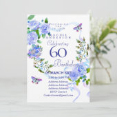 Blue Rose Ribbon 60th Birthday Invitation Kaart (Staand voorkant)