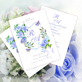 Blue Rose Ribbon Monogram Wedding Invitation Kaart