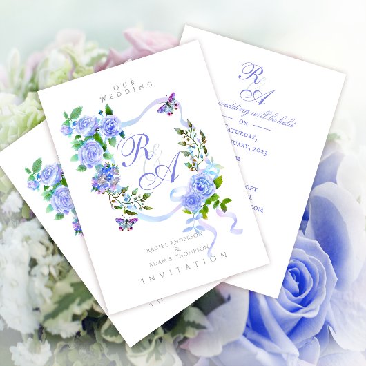 Blue Rose Ribbon Monogram Wedding Invitation Kaart