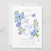 Blue Rose Ribbon Monogram Wedding Invitation Kaart (Voorkant)