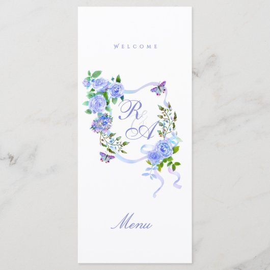 Blue Rose Ribbon Monogram Wedding Menu (Voorkant)