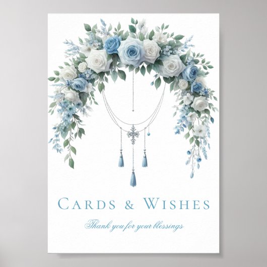 Blue Rose & Silver Cross Baptism Cards & Wishes Poster (Voorkant)
