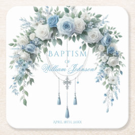 Blue Rose & Silver Cross Baptism Coaster Kartonnen Onderzetters