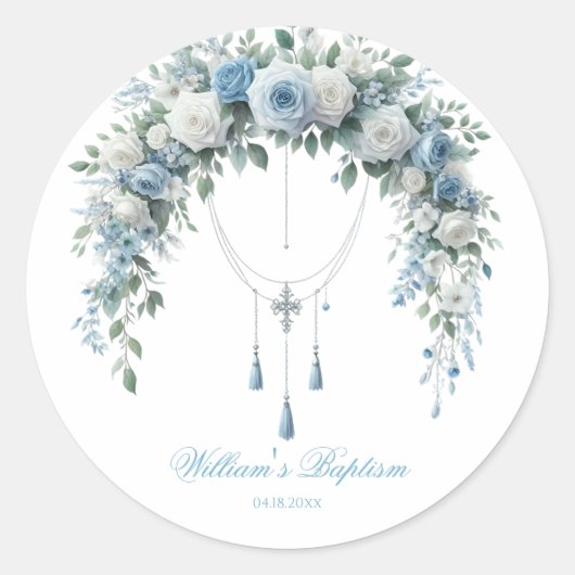 Blue Rose & Silver Cross Baptism Favor Sticker (Voorkant)