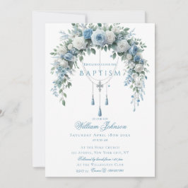 Blue Rose & Silver Cross Baptism Guest Book Kaart