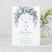 Blue Rose & Silver Cross Baptism Guest Book Kaart (Staand voorkant)